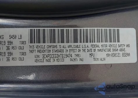 2017 Dodge Journey Gt from USA, damaged, VIN 3C4PDCEG3HT619474